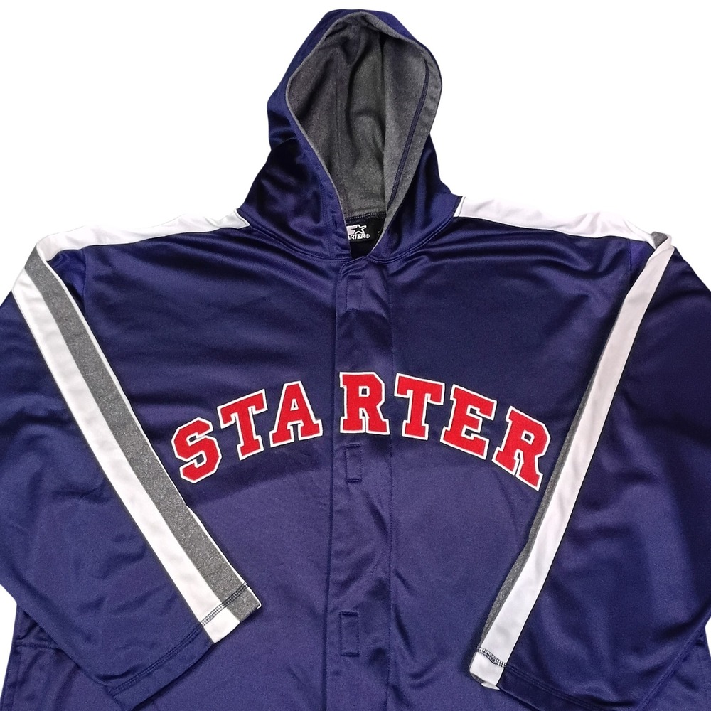 Starter Mens XL Blue Hooded Track Jacket Full Zip Spell Out Logo Athletic